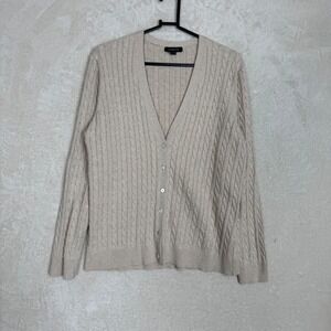 Lands' End Cable Knit Cardigan Oatmeal Grandpa Fisherman Cozy Size L Preppy Soft